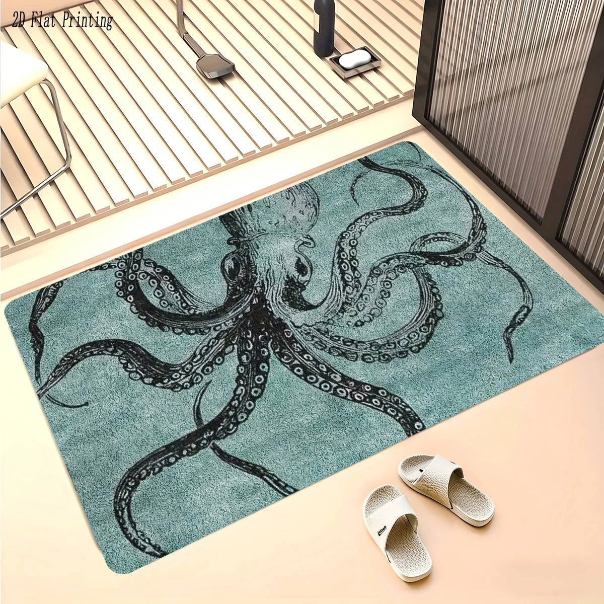 Blue Octopus Artistic Non-Slip Floor Mat Absorbent Washable Decorative Area Rug for Bathroom Shower Wash Basin Toilet
