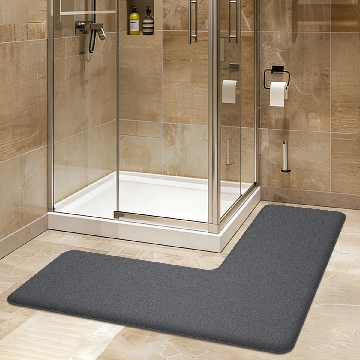 Grey L shaped bath mat