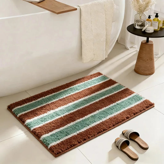 Brown and blue striped bath mat