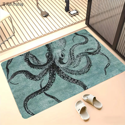 Blue Octopus Artistic Non-Slip Floor Mat Absorbent Washable Decorative Area Rug for Bathroom Shower Wash Basin Toilet