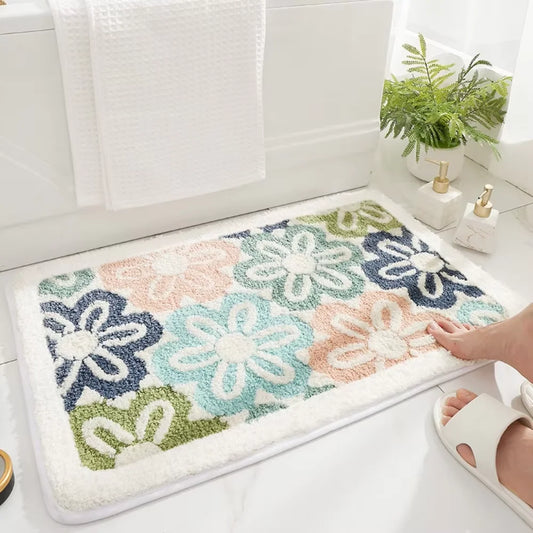 Bath Mat with Tufted Pastel Flowers