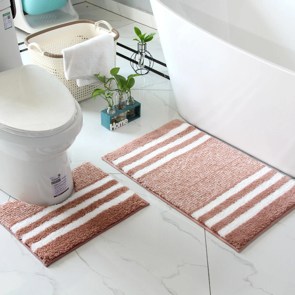 Pink striped bath mat set