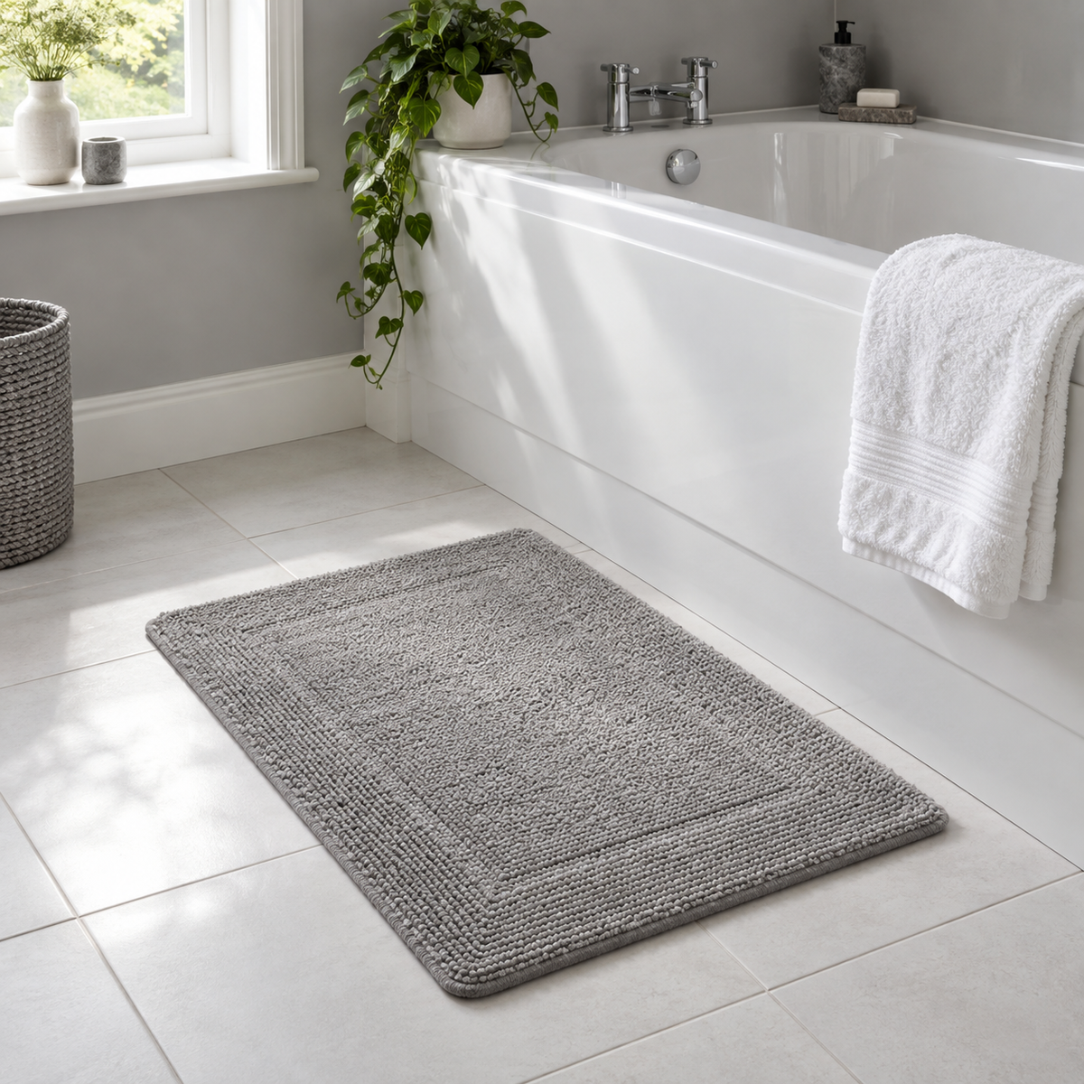 grey non slip bath mat beside a bath in a UK family bathroom