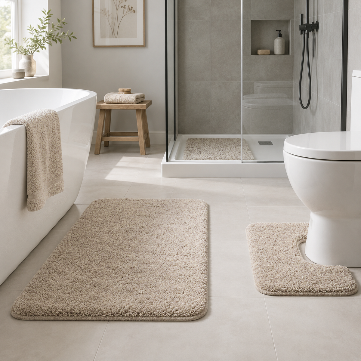 bath mat and matching pedestal mat set in a white bathroom
